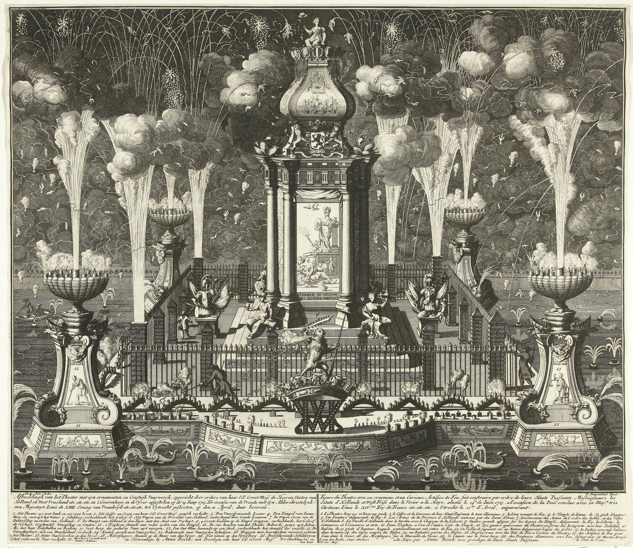 Fuegos artificiales en la celebración del Tratado de Utrecht, 1713 Imagen del teatro con ornamentos syn y fuegos artificiales constigh, erigido por ordere van Haar Ed. Groot Mog: el Heeren Staten van Holland y West Vriesland (...) en La Haya, en el vyver ( de Daniël Stopendaal