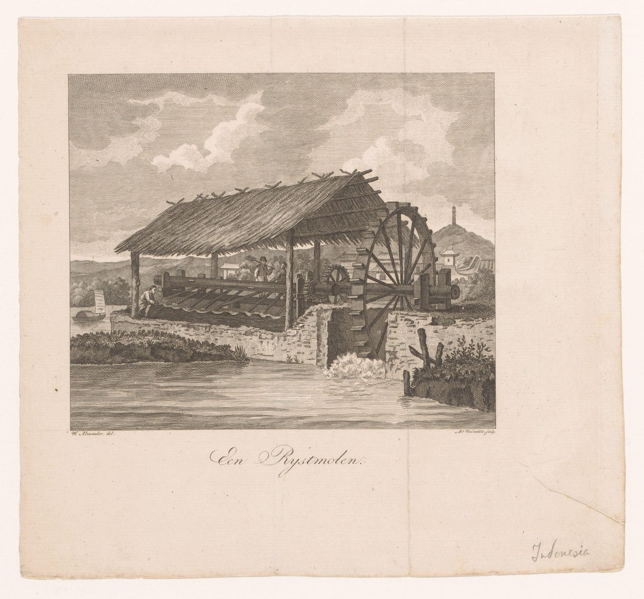 Molino de arroz accionado por una rueda de agua Un molino de arroz (título sobre el objeto) de Daniël Veelwaard (I)