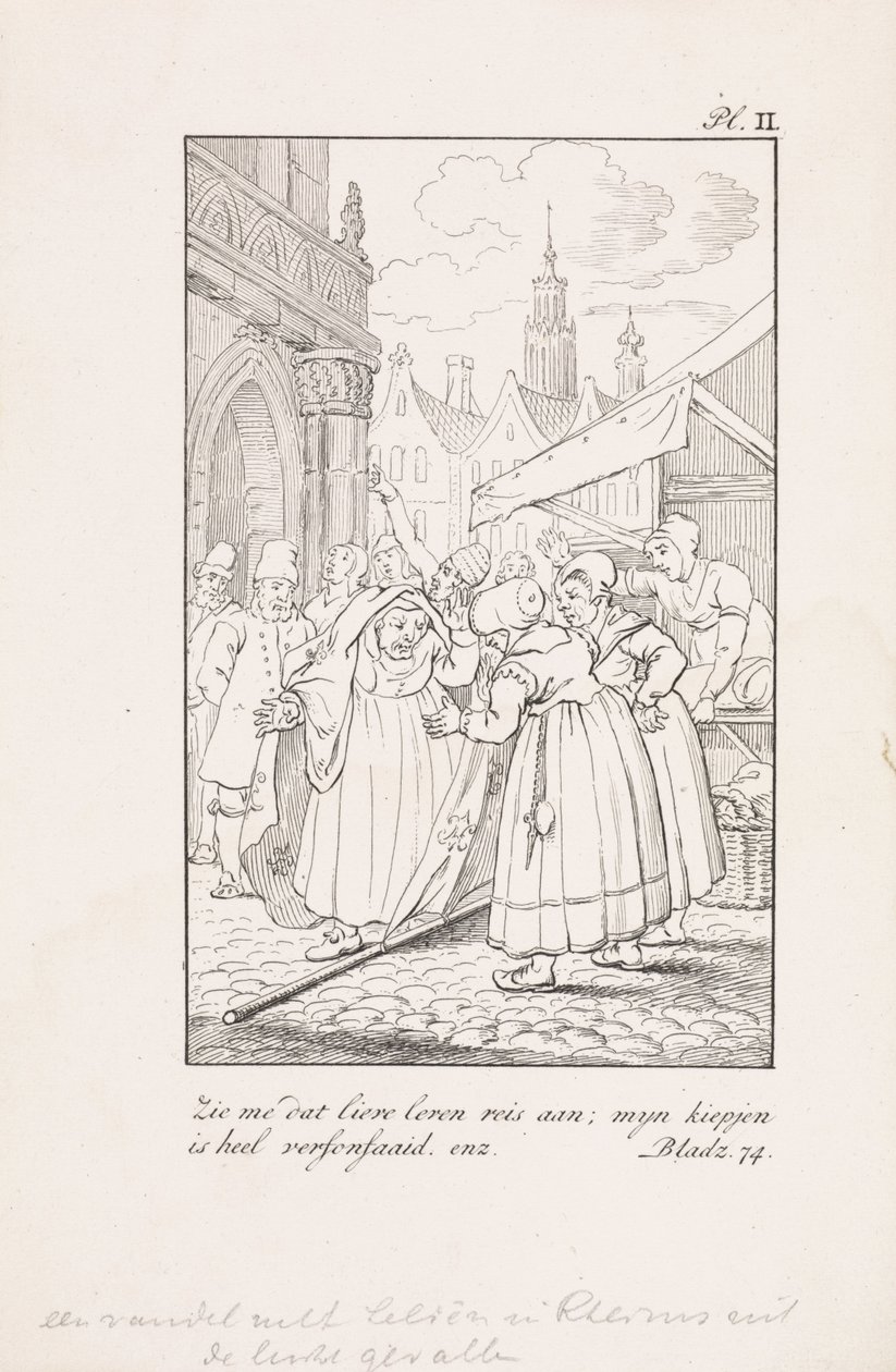 Mujeres en un puesto de mercado con una bandera con lirios franceses Banner con lirios en Reims caídos del cielo Mírame que dulce viaje de vida; mi pollo está muy despeinado, etc. (título sobre el objeto) de Daniël Veelwaard (I)