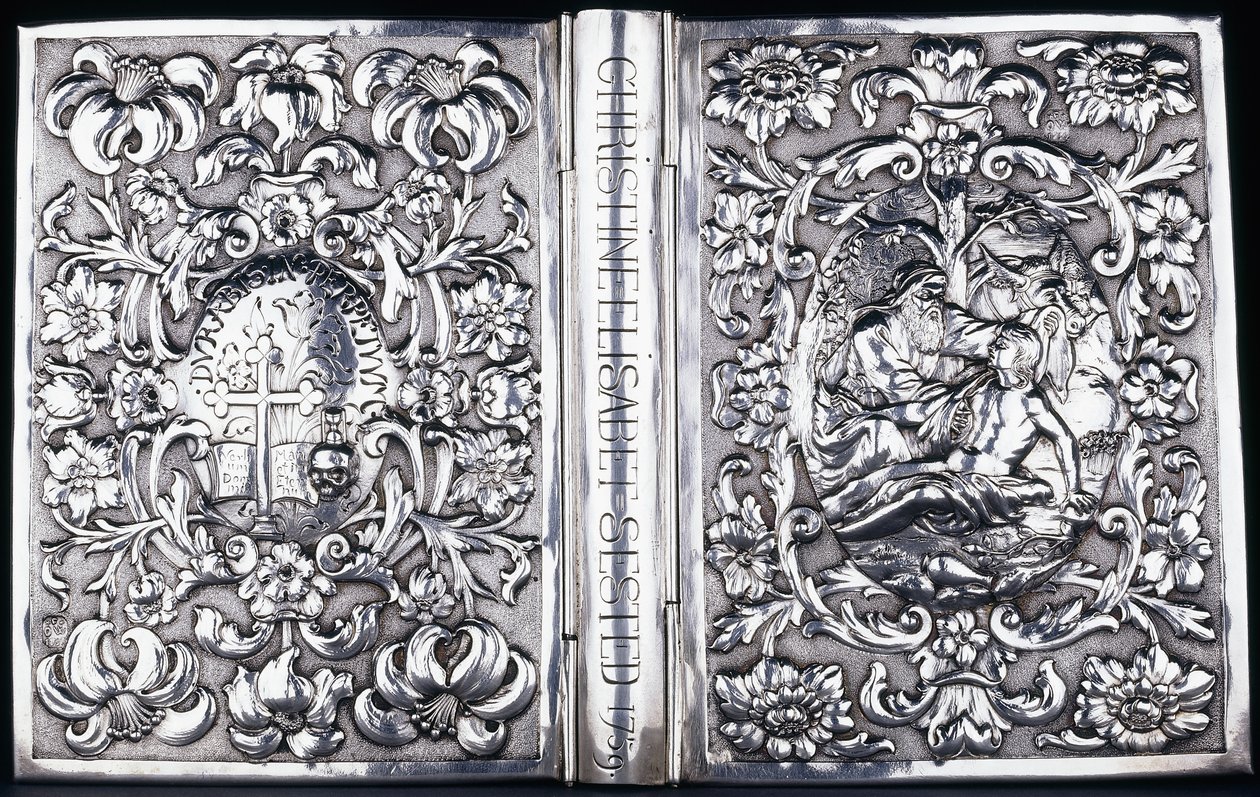 Cubierta superior e inferior del libro con follaje y una imagen del Buen Samaritano, 1740 de Danish School