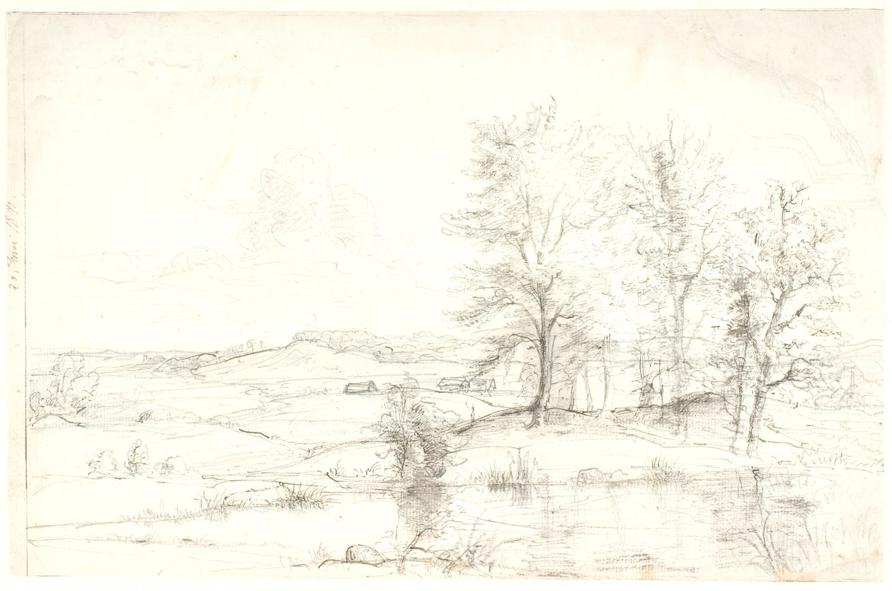 Vista sobre un paisaje boscoso y montañoso. En primer plano un lago de Dankvart Dreyer