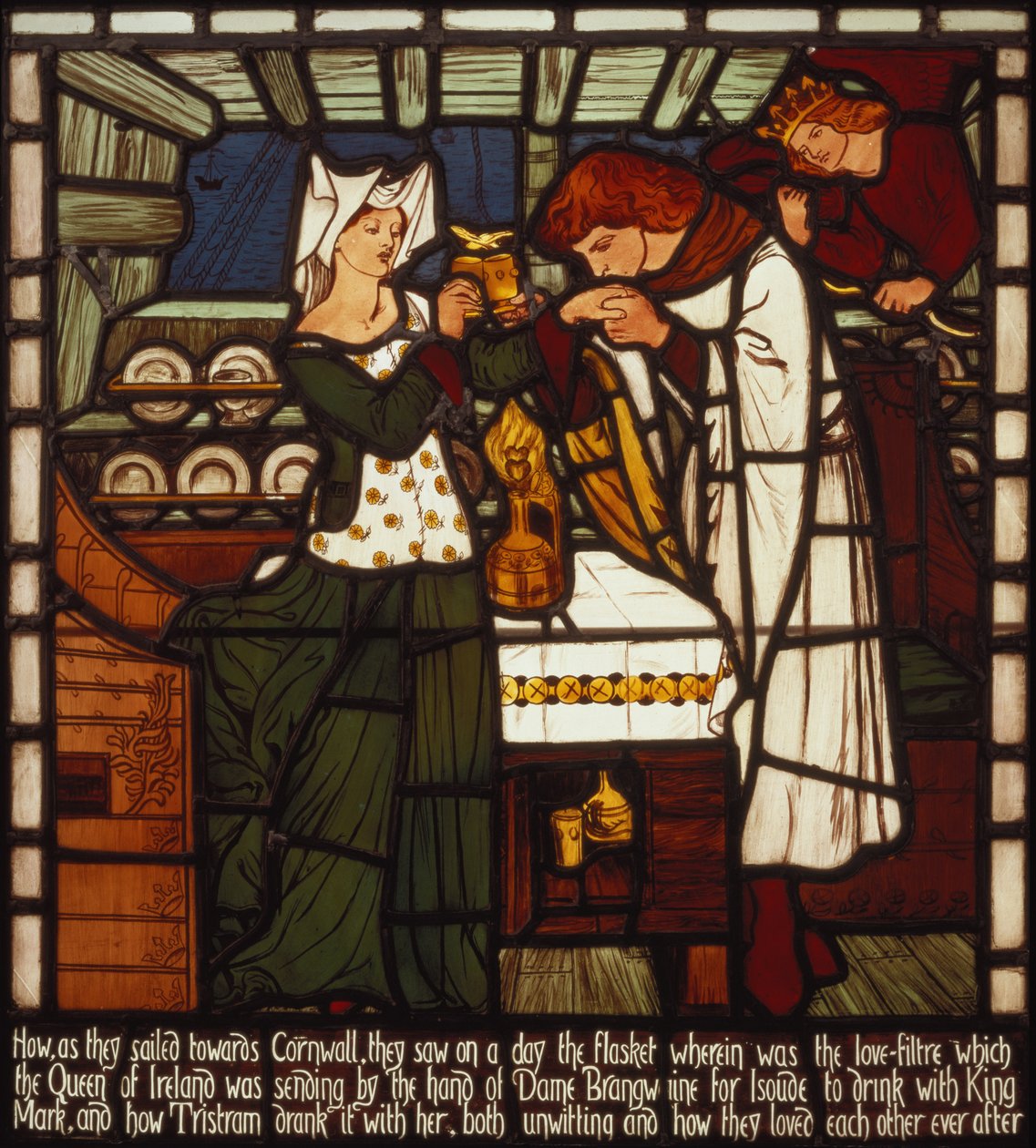 La poción de amor, destinada a Isolda la Bella y el Rey Mark de Cornualles, pero bebida por Tristán e Isolda la Bella, de 