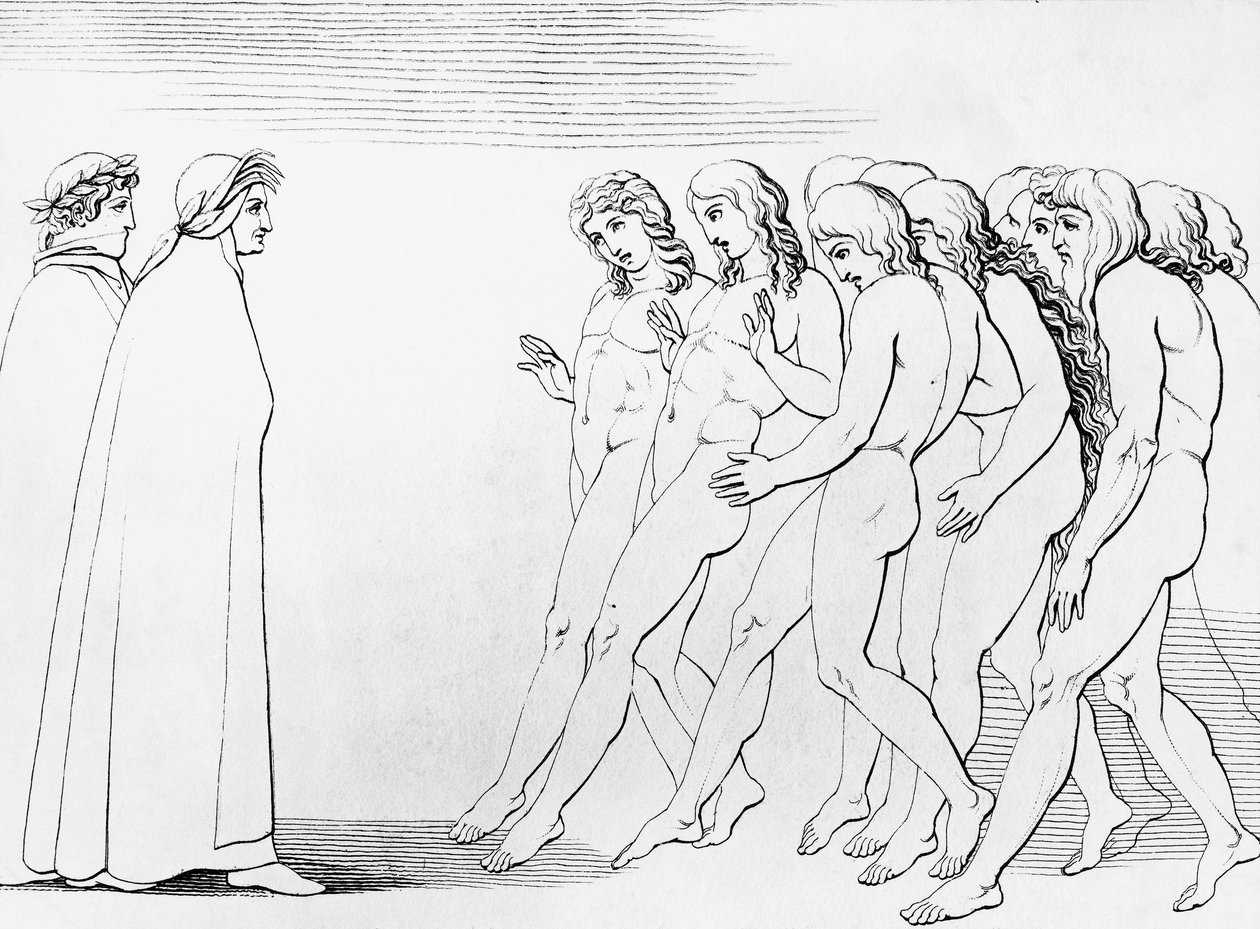 Las almas se sobresaltan al ver que Dante está vivo, ilustración para el 3er canto del Purgatorio, Divina Comedia, poema alegórico de Dante Alighieri (1265-1321) de Dante Alighieri