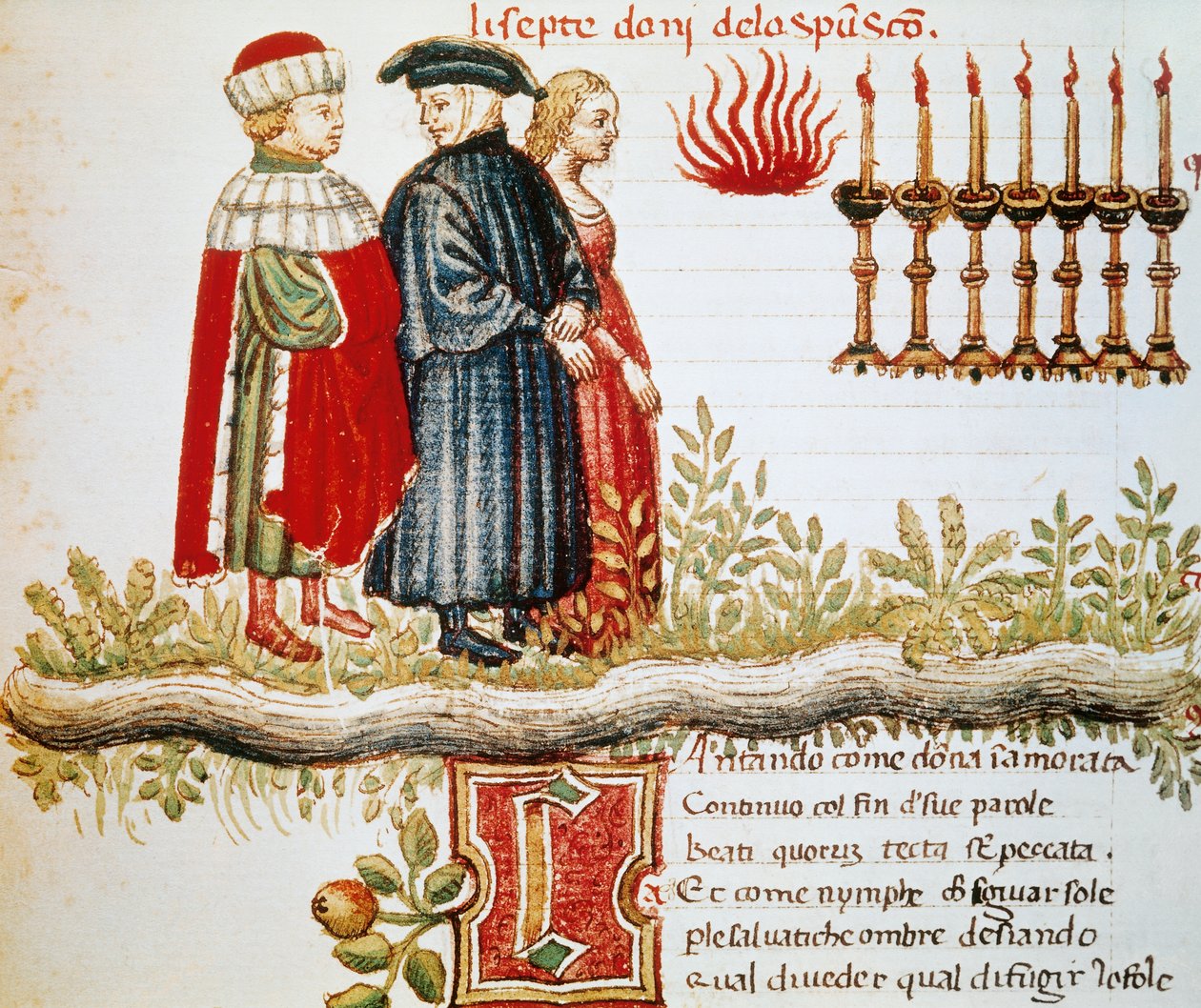 Virgilio, Dante y Matelda, Purgatorio, Canto XXIX, página iluminada de la Divina Comedia, de Dante Alighieri (1265-1321) de Dante Alighieri