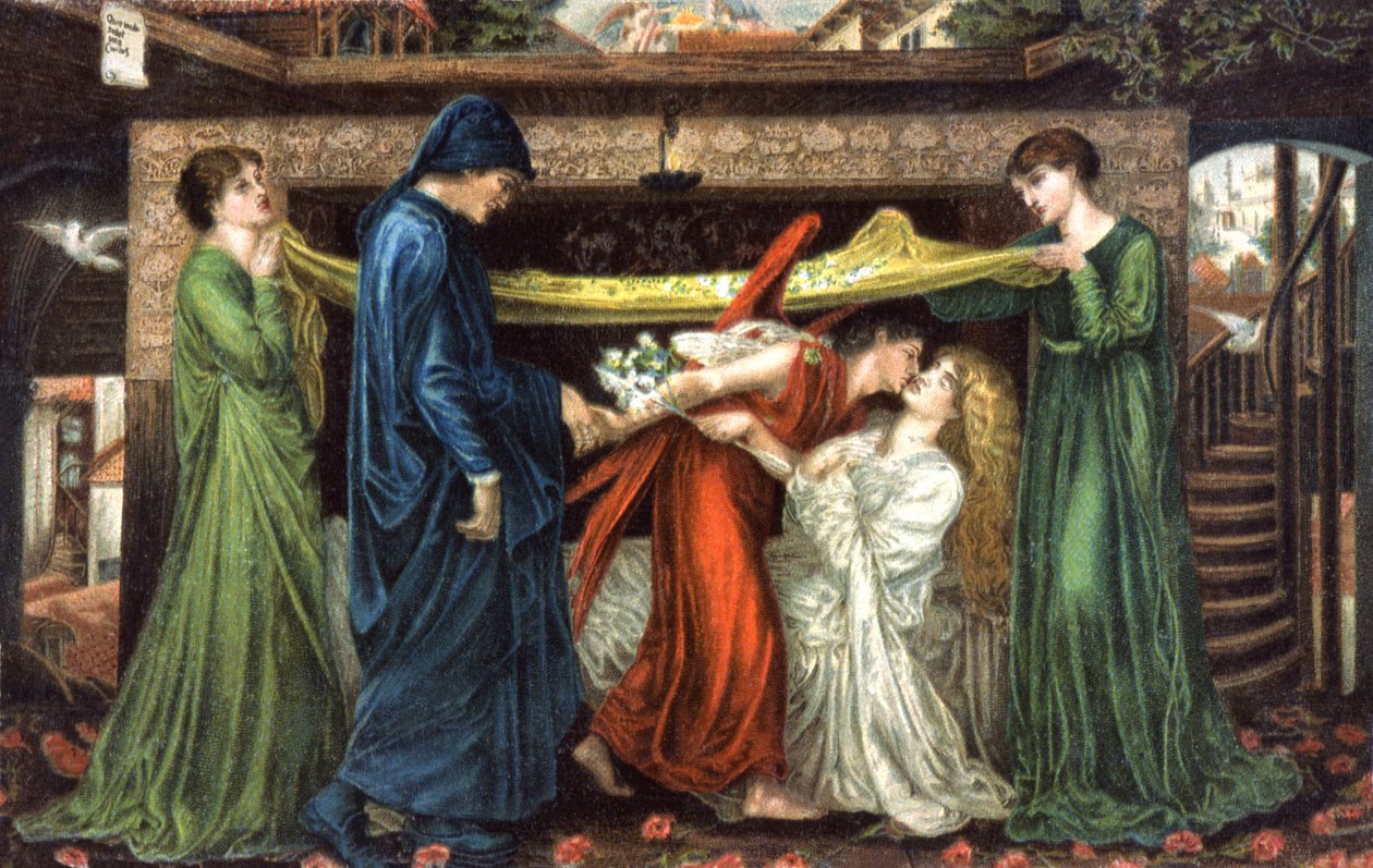 Dante Alighieri conoce a Beatrice, hacia 1900 (tarjeta postal) de Dante Gabriel (after) Rossetti