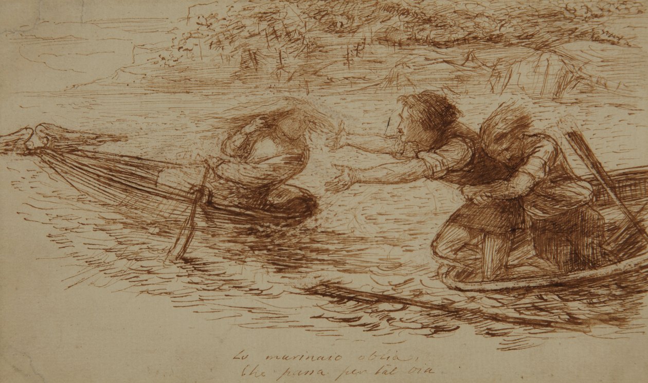 Barqueros y sirena, c.1853 (pluma y tinta sobre papel) de Dante Gabriel Charles Rossetti