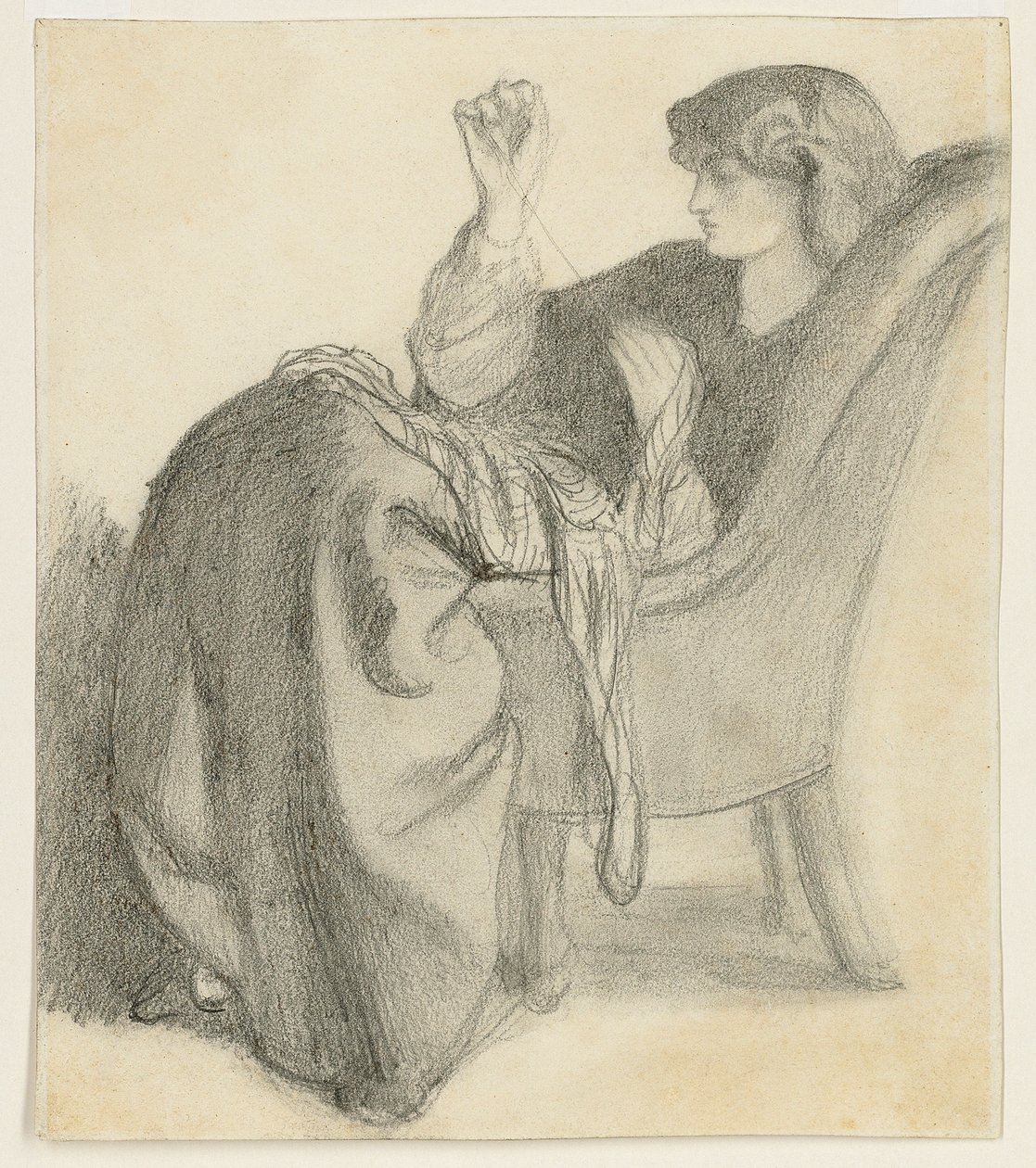 Láquesis: Estudio de Jane Morris Sentada en una Silla Cosiendo de Dante Gabriel Charles Rossetti