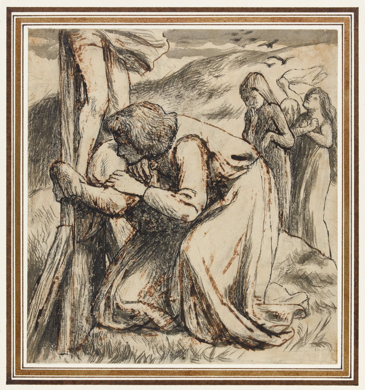 San Juan consolando a la Virgen al pie de la cruz, c.1857-58 (pluma, tinta china y aguada sepia sobre papel) de Dante Gabriel Charles Rossetti