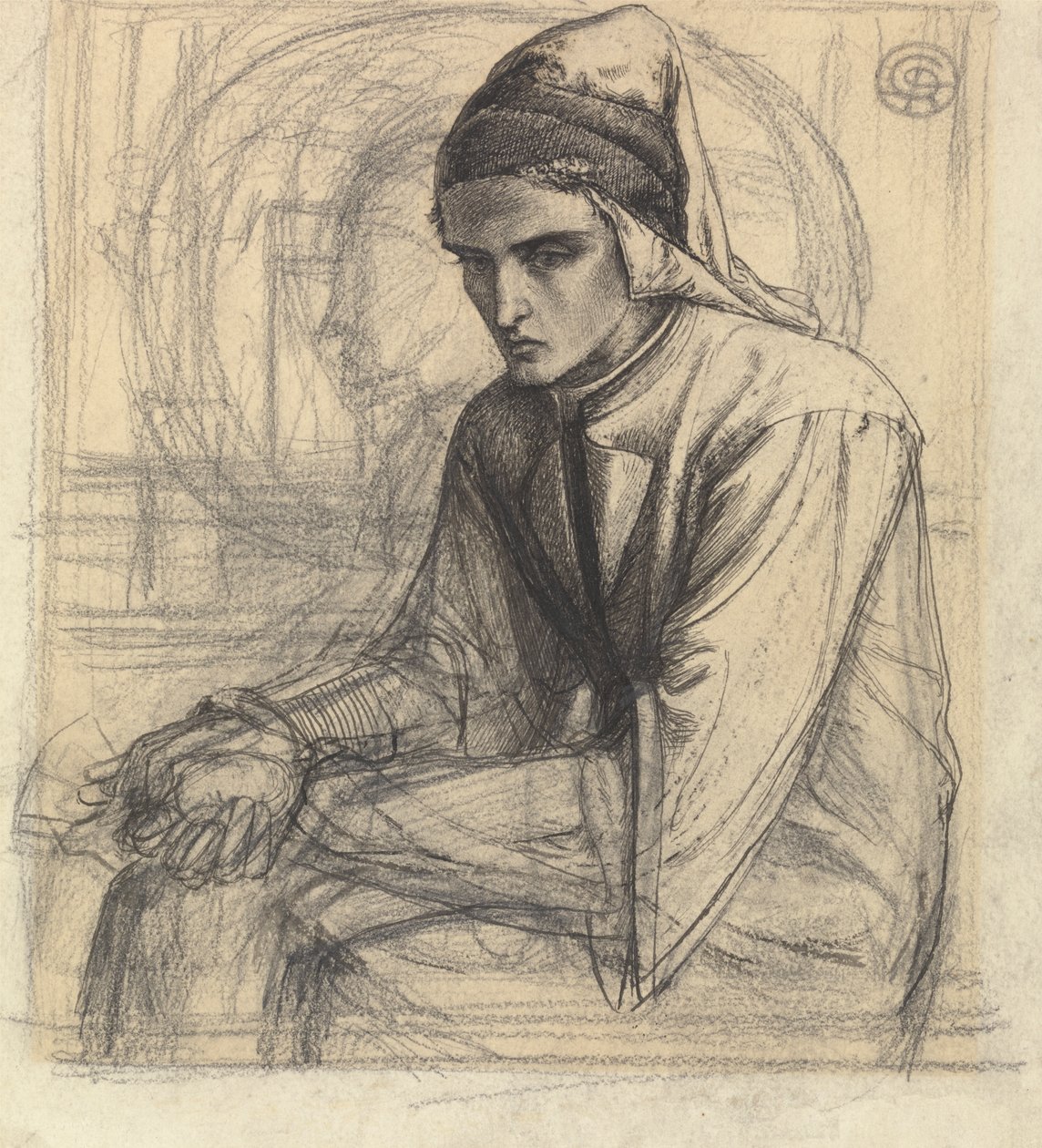 Dante en meditación sosteniendo una granada de Dante Gabriel Rossetti