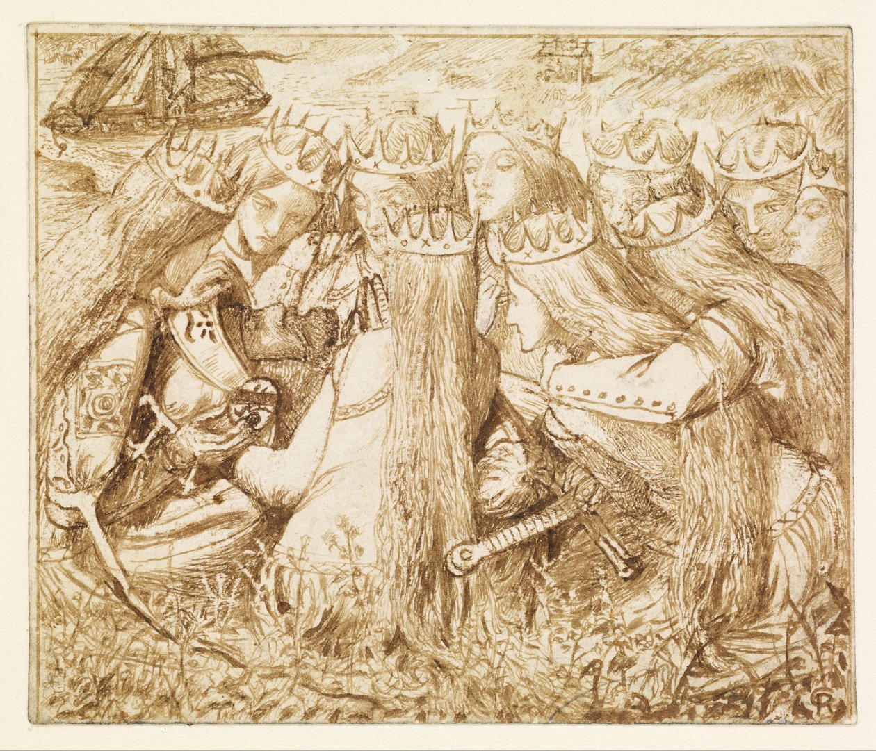 Diseño para «Tennyson» de Moxon: El rey Arturo y las reinas llorosas de Dante Gabriel Rossetti