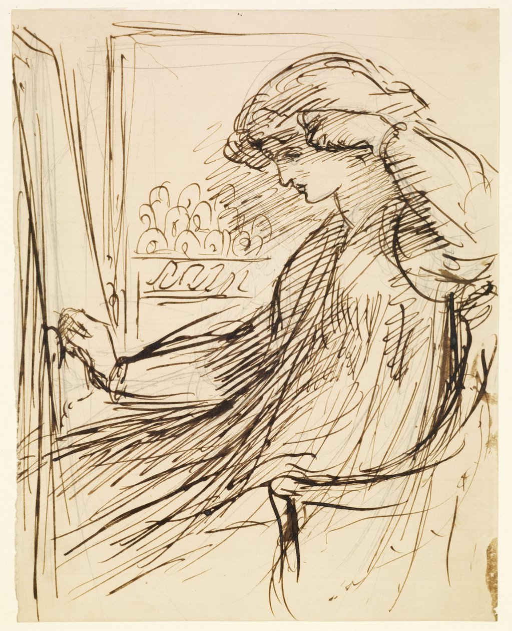 Mujer sentada ante un bastidor o caballete de bordado de Dante Gabriel Rossetti