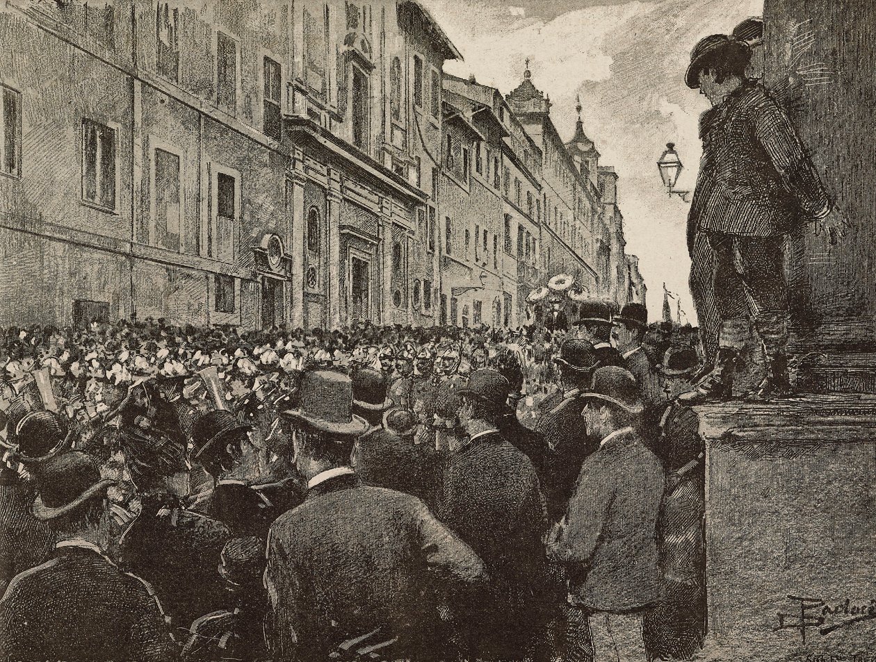 Funeral de Agostino Bertani (1812-1886), patriota y político italiano, Roma, Italia, dibujo de Dante Paolocci, grabado de L