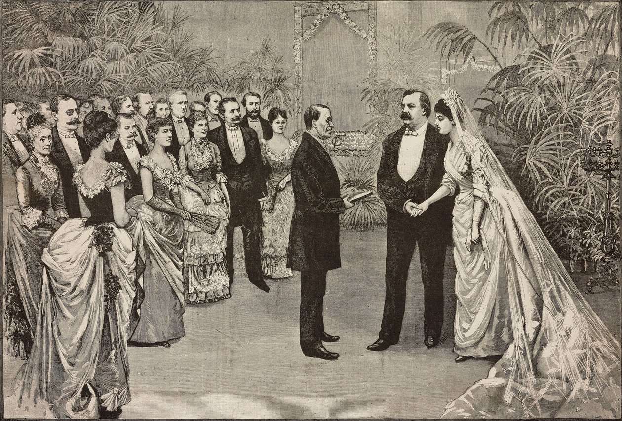 Boda del presidente estadounidense Grover Cleveland y Frances Folsom, 2 de junio, Washington, Estados Unidos de América, dibujo de Dante Paolocci, grabado de L
