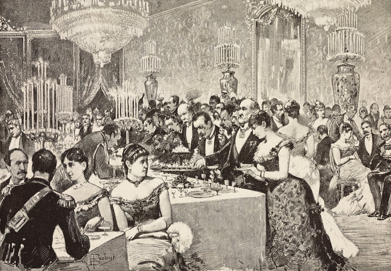 Sala del bufé, Baile de Corte en el Quirinale, Roma, Italia, grabado a partir de un dibujo de Dante Paolocci, de L
