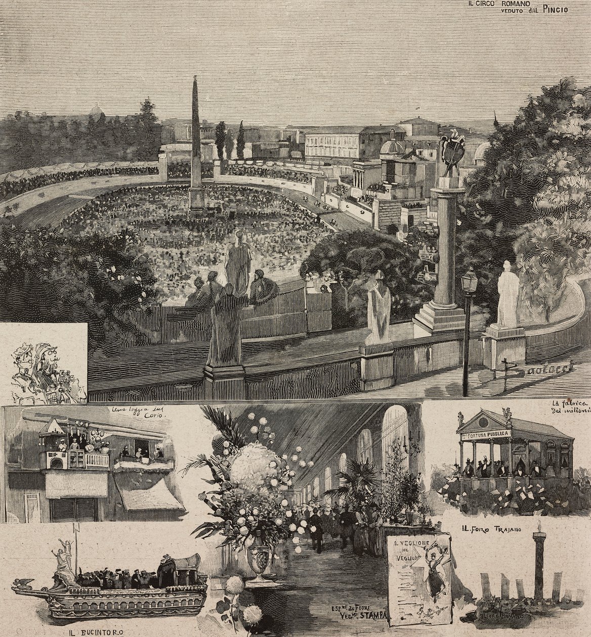 Fiesta de Carnaval en la Piazza del Popolo vista desde la colina del Pincio, Roma, Italia, grabado según dibujo de Dante Paolocci, de L