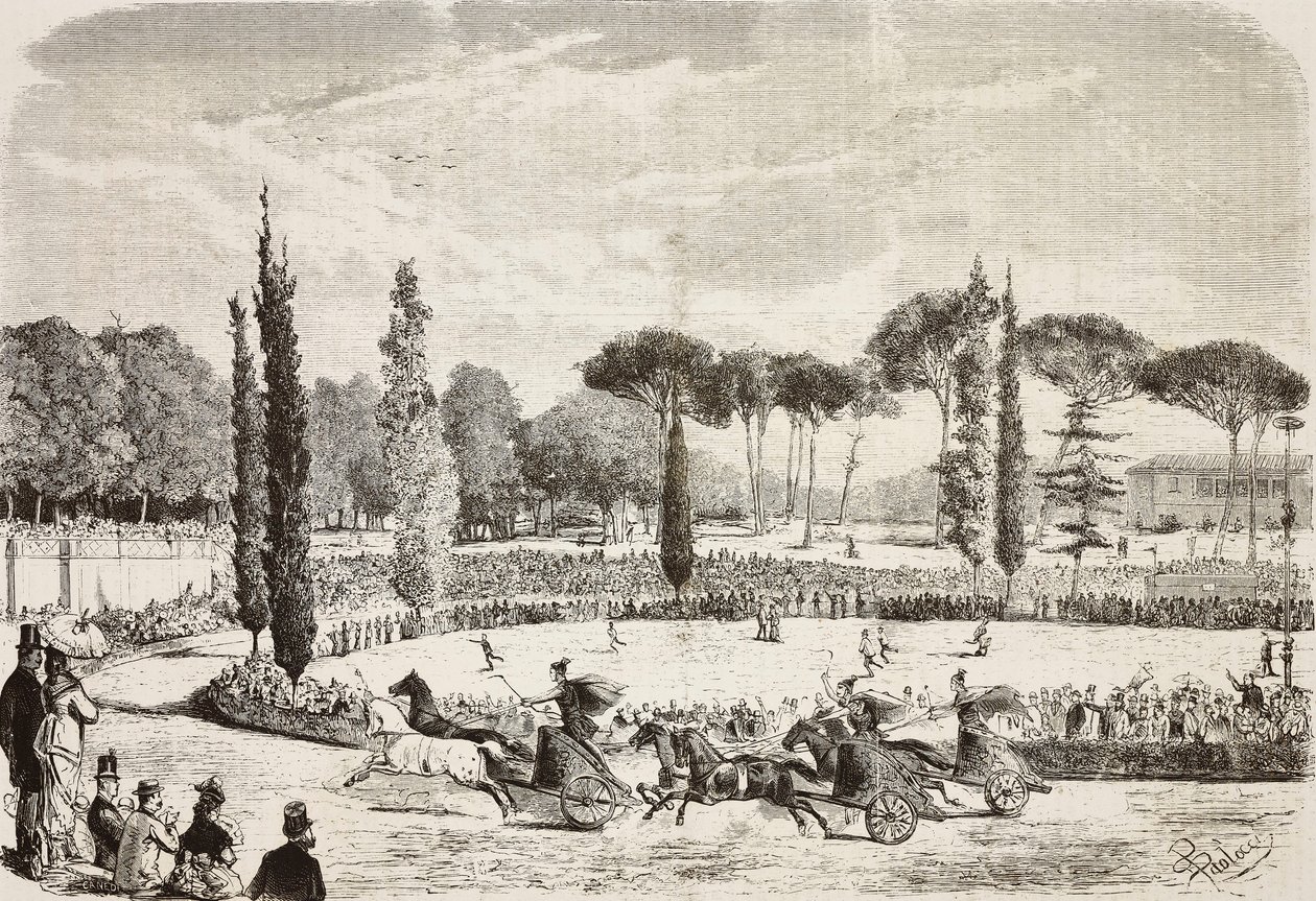 Carreras de cuadrigas en Villa Borghese, Roma, Italia, grabado a partir de un dibujo de Dante Paolocci de L