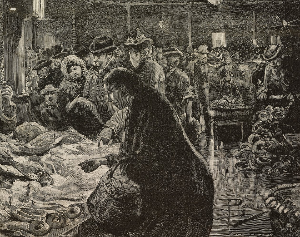 Mercado de Navidad en Roma, Italia, grabado según dibujo de Dante Paolocci, de L