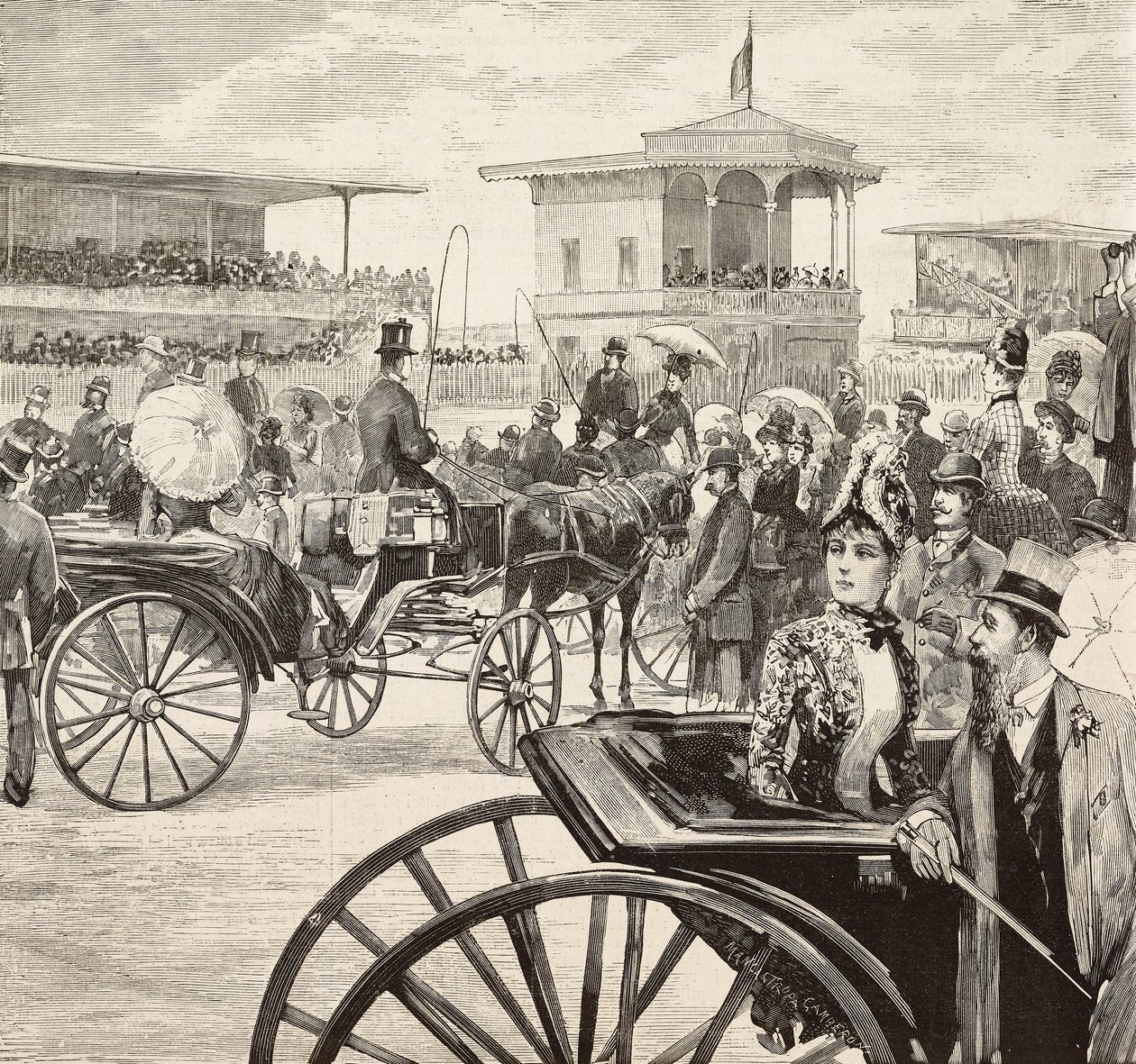 Hombres y mujeres elegantes asisten a una carrera de caballos en el hipódromo, Roma, Italia, grabado a partir de un dibujo de Dante Paolocci, de L