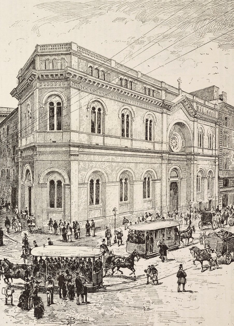 Iglesia evangélica en Via Nazionale, Roma, Italia, grabado a partir de un dibujo de Dante Paolocci, de L