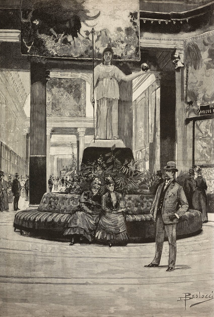 Exposición de tejidos y encajes, Galería Rotonda y Tejidos, Roma, Italia, grabado a partir de un dibujo de Dante Paolocci, de L