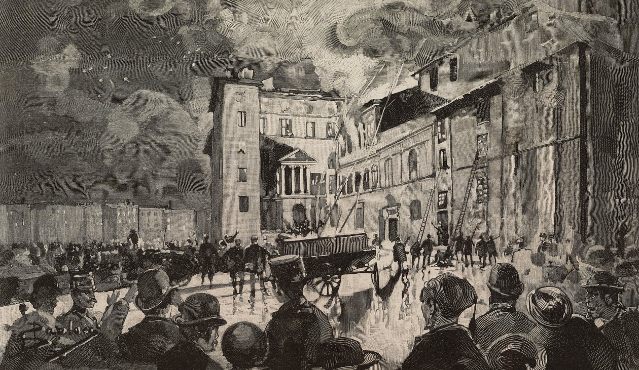 Incendio de las escuelas israelíes de 1893, Roma, Italia, grabado según dibujo de Dante Paolocci, de L