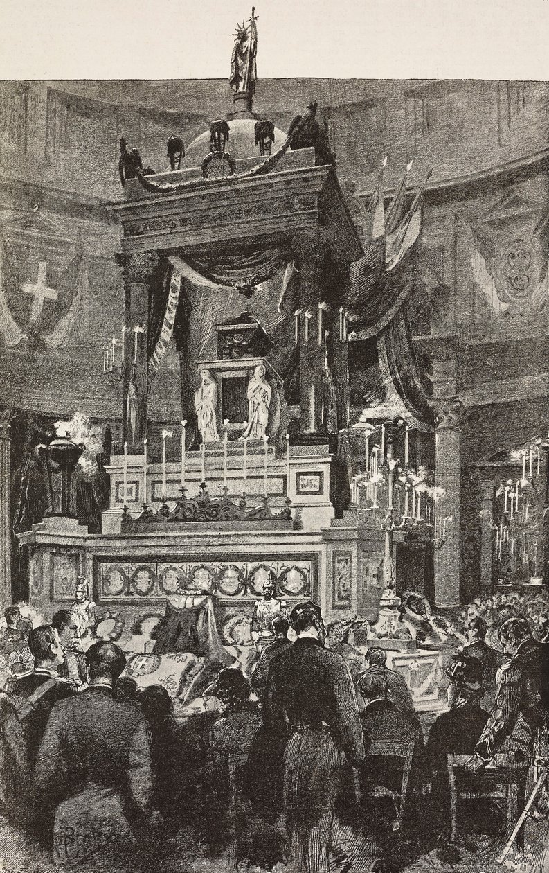 Políticos y oficiales italianos asisten a la ceremonia fúnebre de Víctor Manuel II (1820-1878), rey de Italia, Roma, Italia, grabado a partir de un dibujo de Dante Paolocci, de L