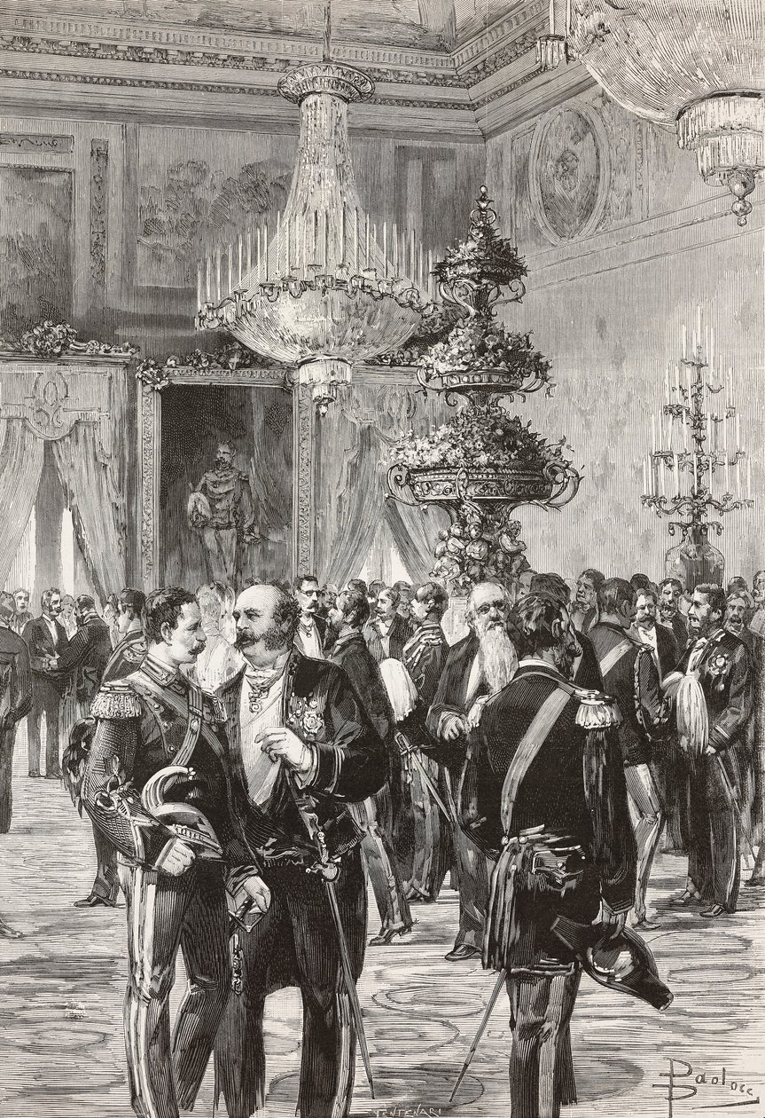Políticos y oficiales italianos celebrando la Nochevieja en el Palacio del Quirinal, Roma, Italia, grabado de Centenari a partir de un dibujo de Dante Paolocci, de L