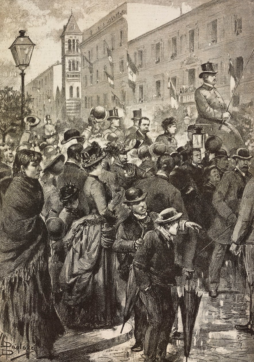 El rey Umberto I y la reina Margarita regresan de su visita a Nápoles, afectada por el cólera, Roma, Italia, grabado a partir de un dibujo de Dante Paolocci, de L