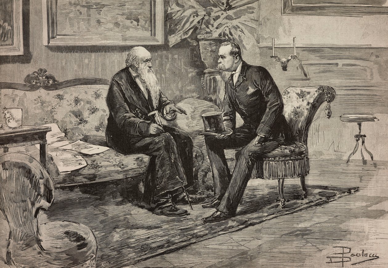 El rey Umberto I de Saboya (1844-1900) y el Presidente del Consejo Agostino de Pretis (1813-1887), grabado a partir de un dibujo de Dante Paolocci, de L