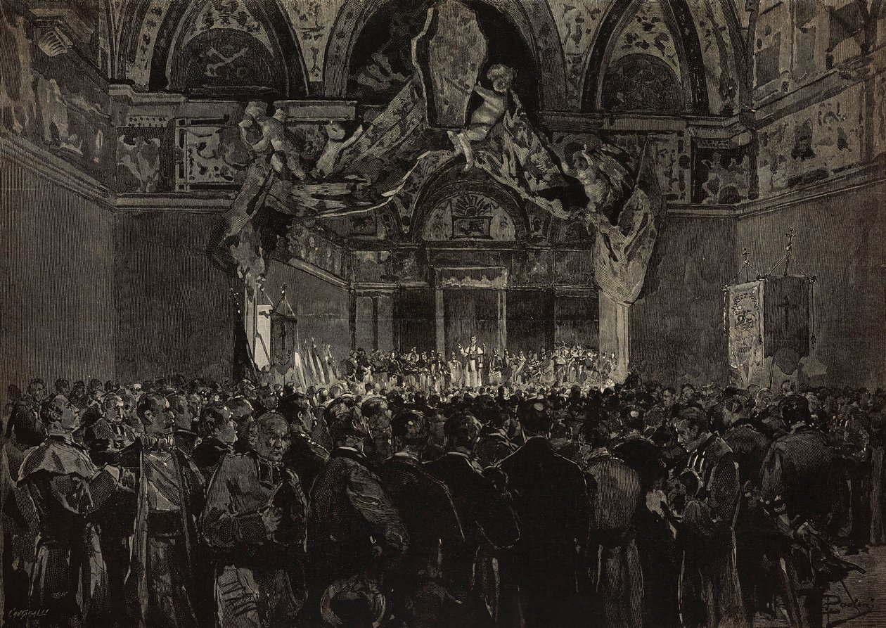 León XIII recibiendo a peregrinos franceses en la Sala Ducal, Jubileo Papal, Vaticano, grabado a partir de un dibujo de Dante Paolocci, de L