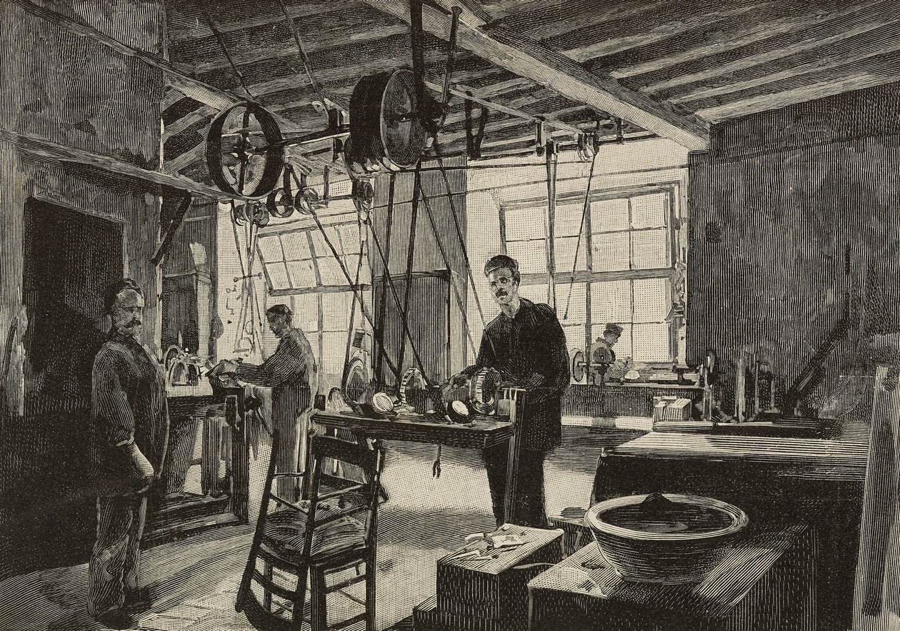 Taller mecánico en la ceca de Roma, Italia, grabado según dibujo de Dante Paolocci, de L