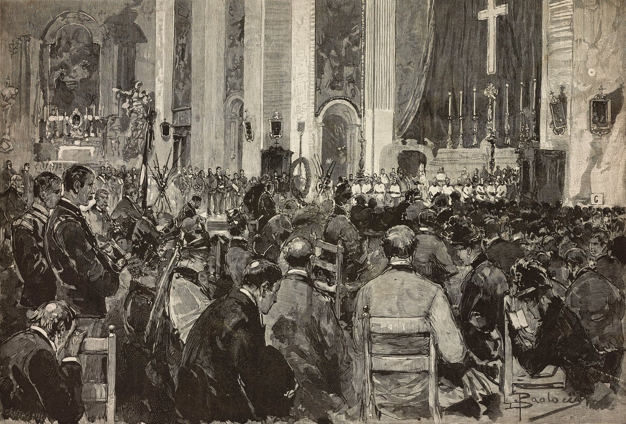 Exequias de difuntos en Dogali en la iglesia de Sant Andrea della Valle, Roma, grabado a partir de un dibujo de Dante Paolocci, de L