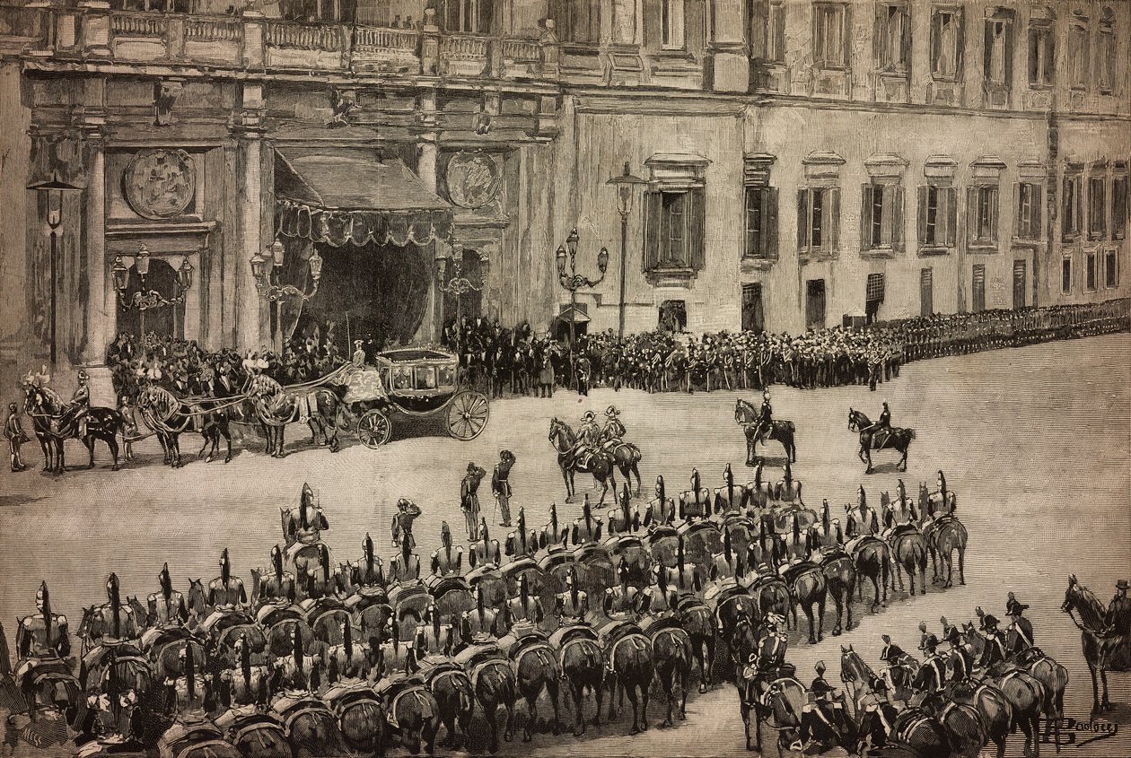 Apertura del Parlamento, llegada del rey Umberto I a Montecitorio, Roma, Italia, grabado a partir de un dibujo de Dante Paolocci, L