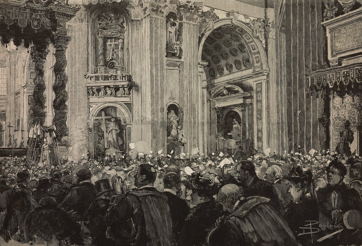 Bendición papal con ocasión del jubileo episcopal de León XIII, Basílica de San Pedro, Vaticano, grabado según dibujo de Dante Paolocci, de L