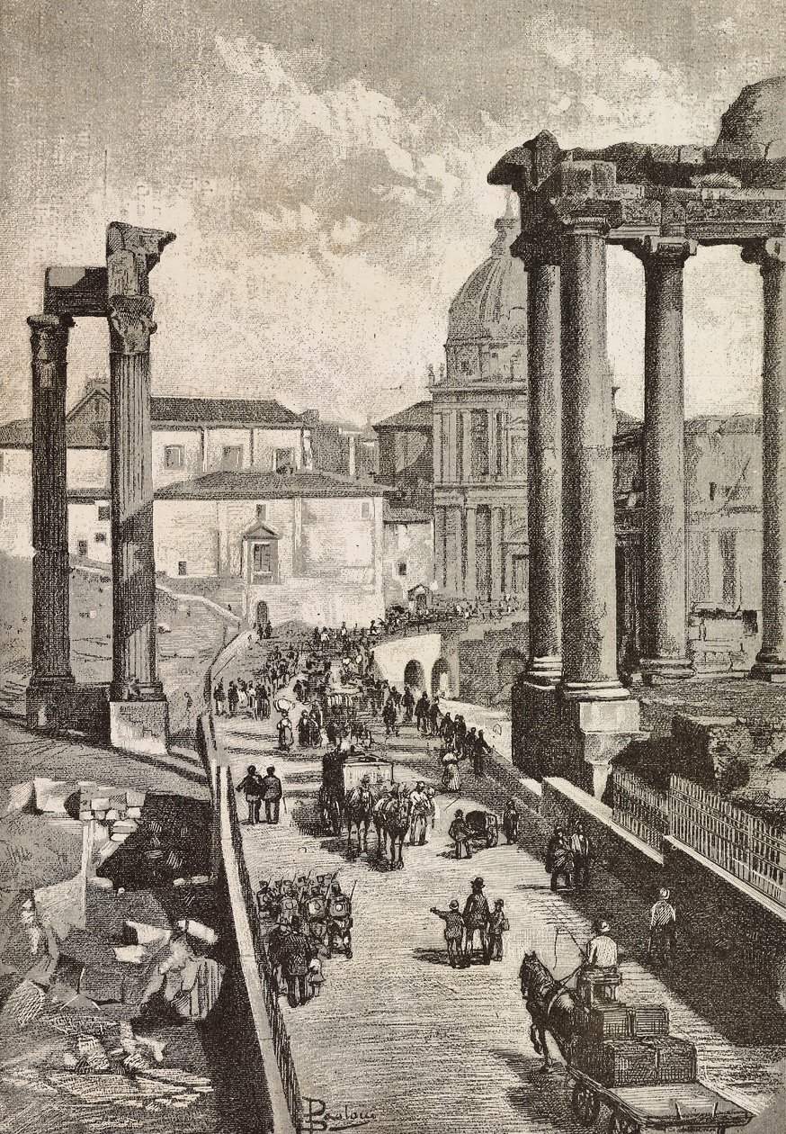 Pasaje a través del Foro, Roma, Italia, grabado a partir de un dibujo de Dante Paolocci, de L