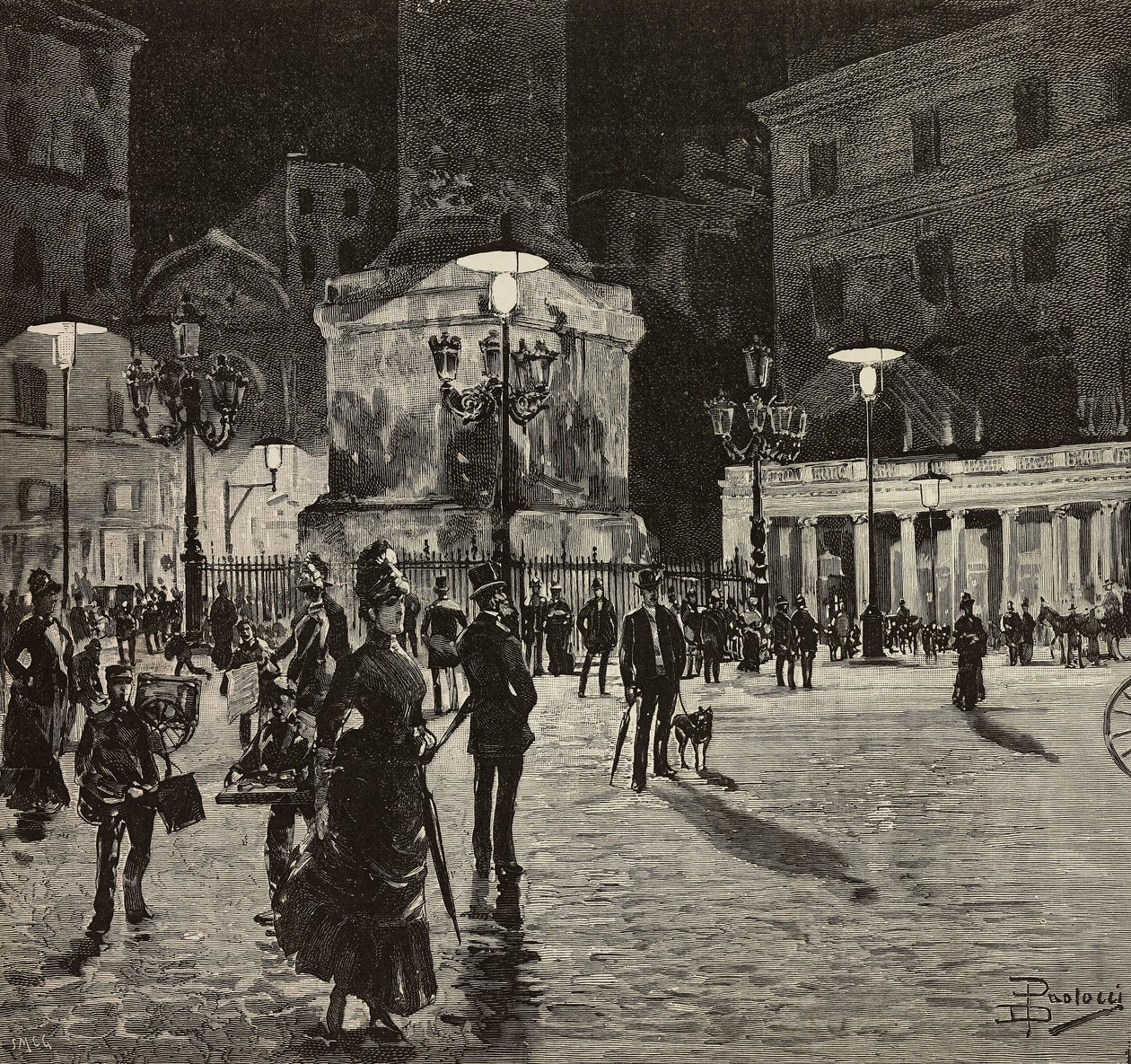 Plaza Colonna iluminada con luz eléctrica, Roma, Italia, dibujo de Dante Paolocci, grabado de L
