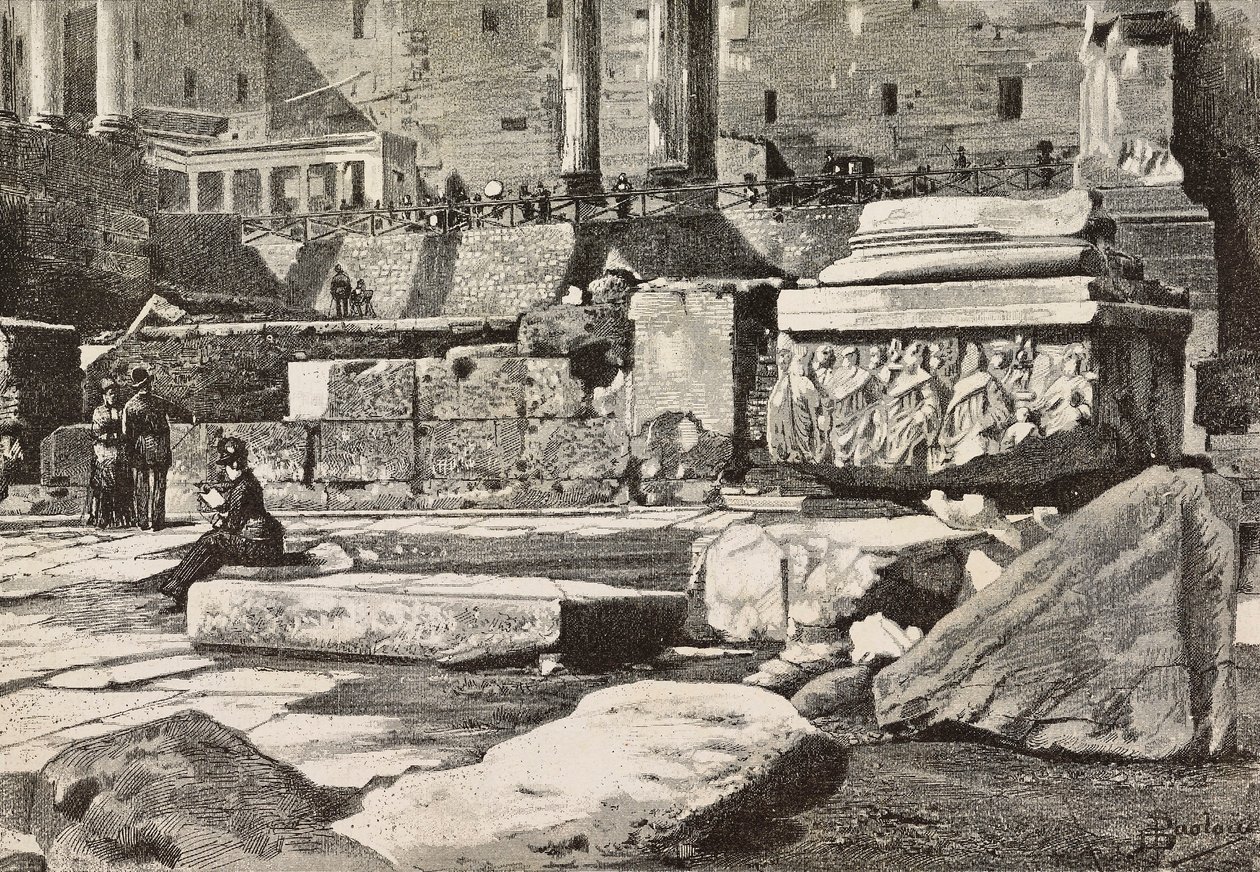 Plataformas en el Foro Romano, Roma, Italia, grabado a partir de un dibujo de Dante Paolocci, de L