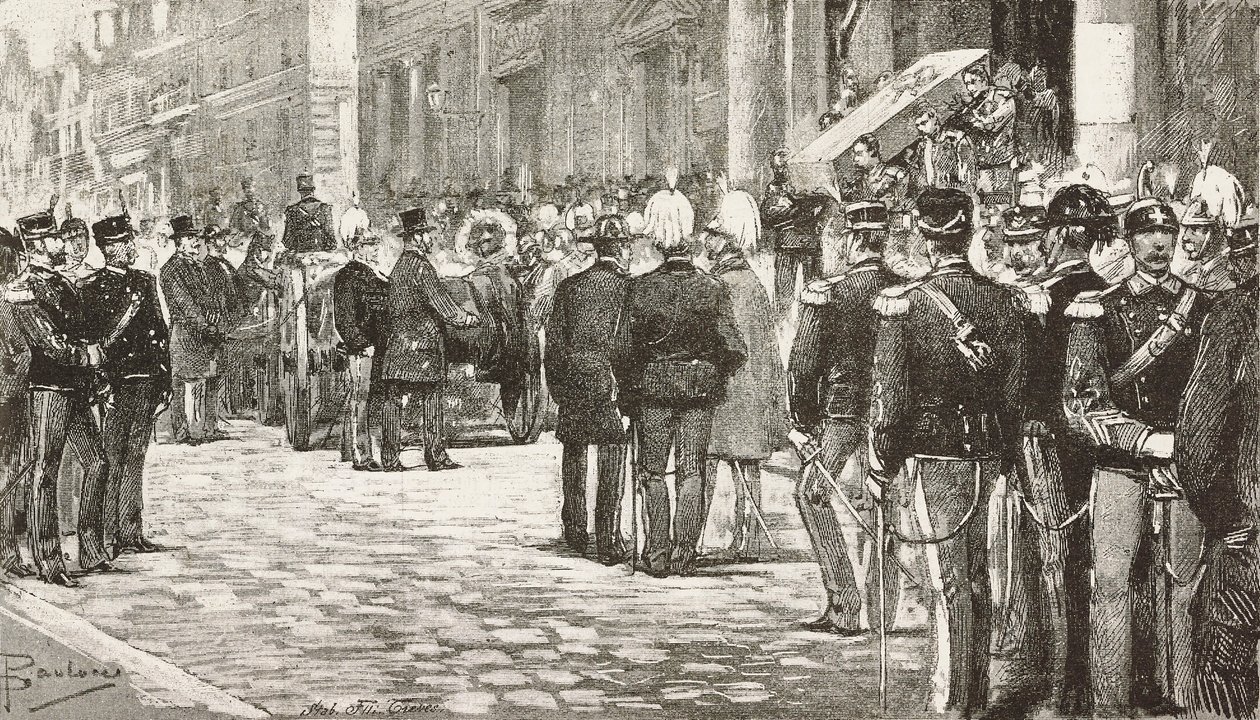 Políticos y oficiales asisten al cortejo fúnebre de Luigi Mezzacapo (1814-1885), político y oficial italiano, Roma, Italia, grabado a partir de un dibujo de Dante Paolocci, de L