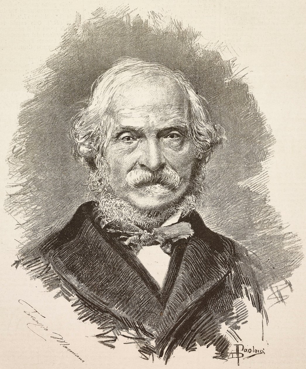 Retrato de Terenzio Mamiani (1799-1885), político y escritor italiano, grabado a partir de un dibujo de Dante Paolocci y una fotografía de Della Valle, de L