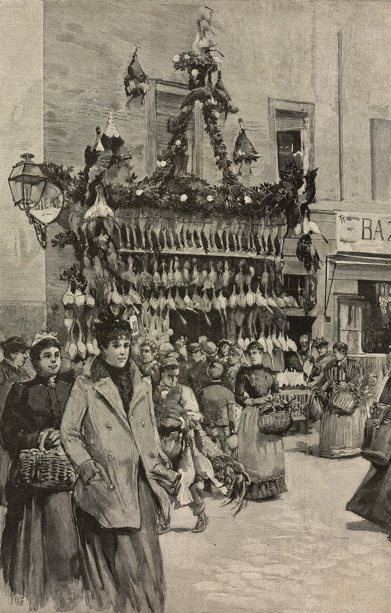 Gallinero de Roma en Navidad, Italia, grabado según dibujo de Dante Paolocci, de L