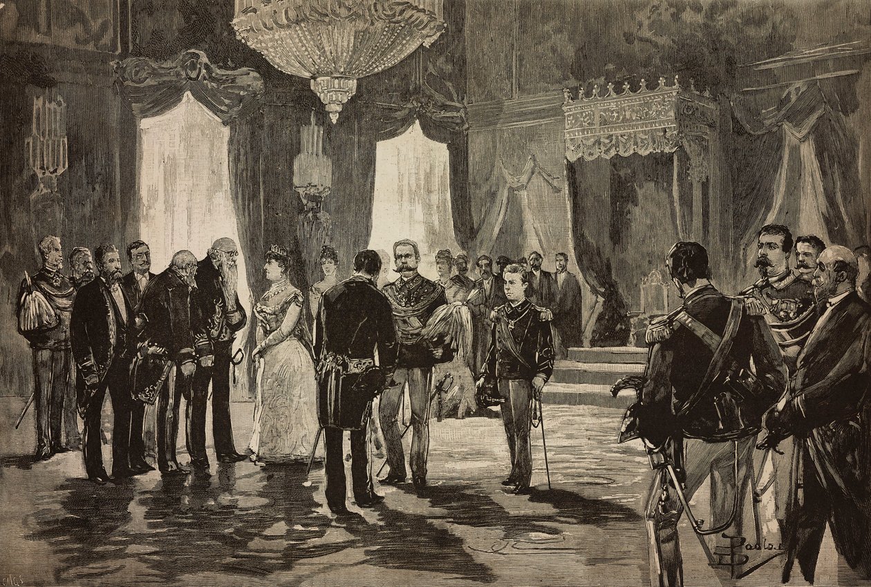 Príncipe de Nápoles, Alfonso Maria Giuseppe Alberto de Borbón-Dos Sicilias en uniforme de subteniente, en la recepción de Año Nuevo en Quirinal, Italia, grabado a partir de un dibujo de Dante Paolocci, de L