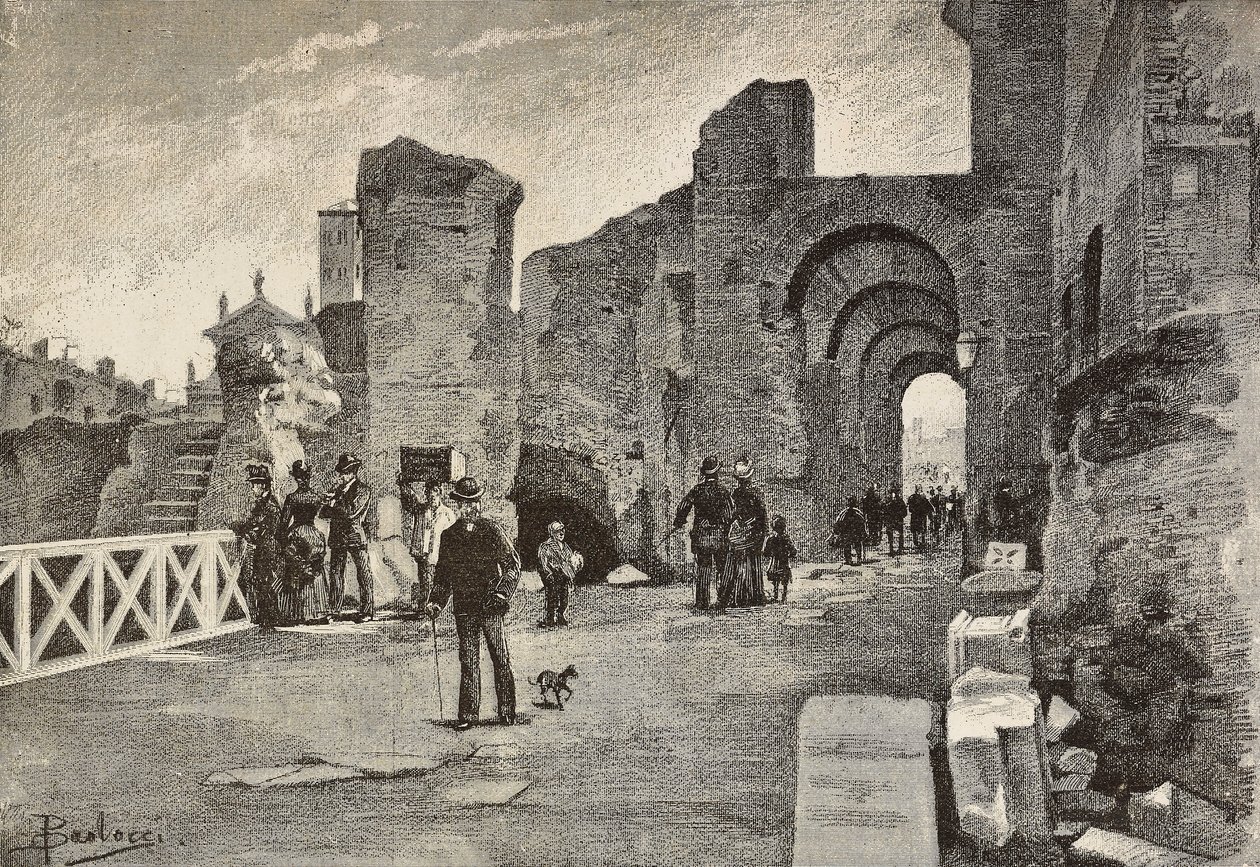 Paseo público (Summa Nova Via) en el Palazzo dei Cesari, Roma, Italia, grabado a partir de un dibujo de Dante Paolocci, de L