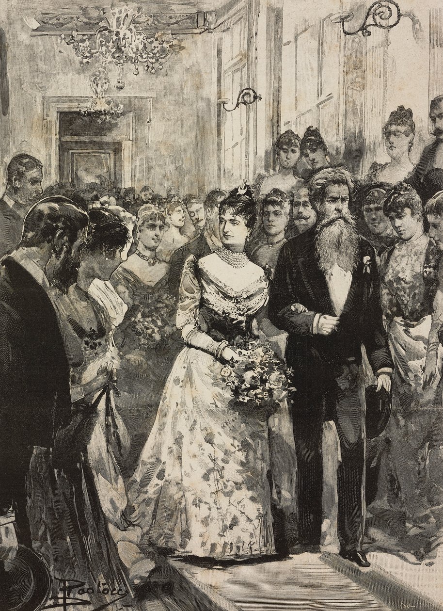 La reina Margarita de Saboya en la fiesta del Club Artístico (Circolo Artistico) de Roma, acompañada por el escultor Giulio Monteverde, Italia, grabado según dibujo de Dante Paolocci, de L