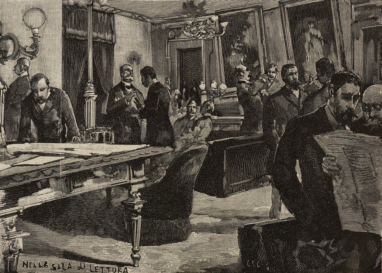 Sala de lectura del Palacio Montecitorio, Roma, Italia, grabado según dibujo de Dante Paolocci, de L