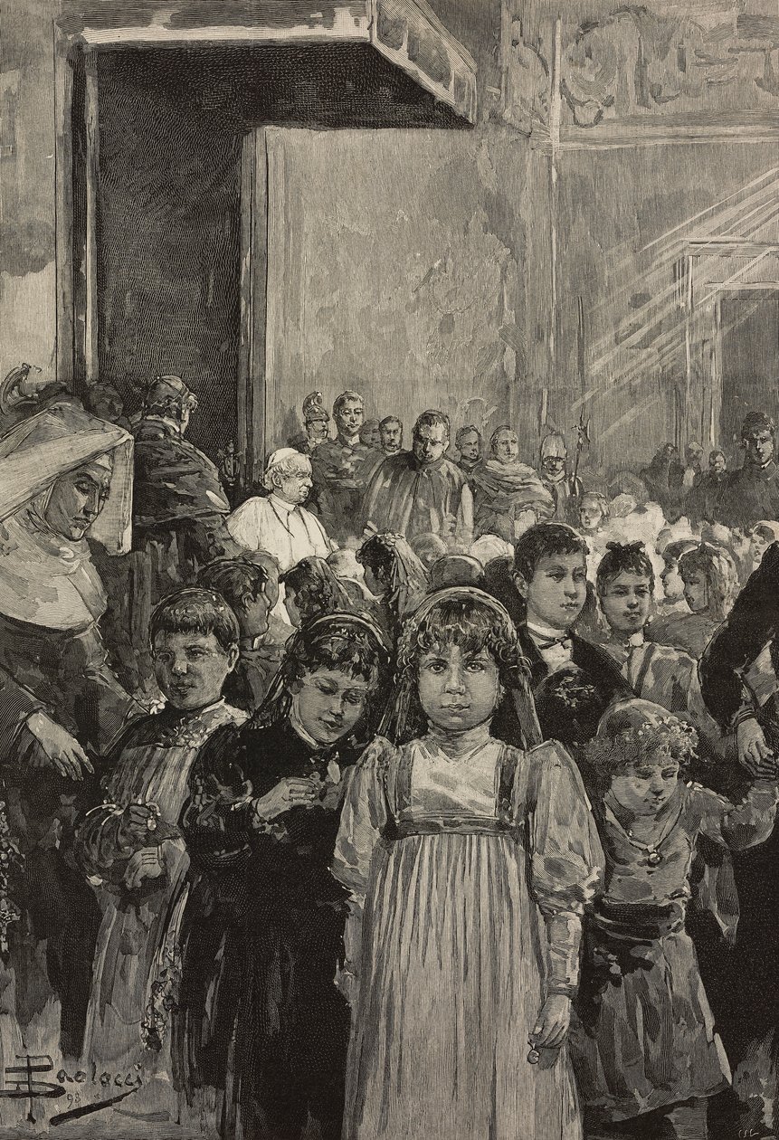 Recepción de niños en las celebraciones jubilares del Papa León XIII, Vaticano, grabado según dibujo de Dante Paolocci, de L
