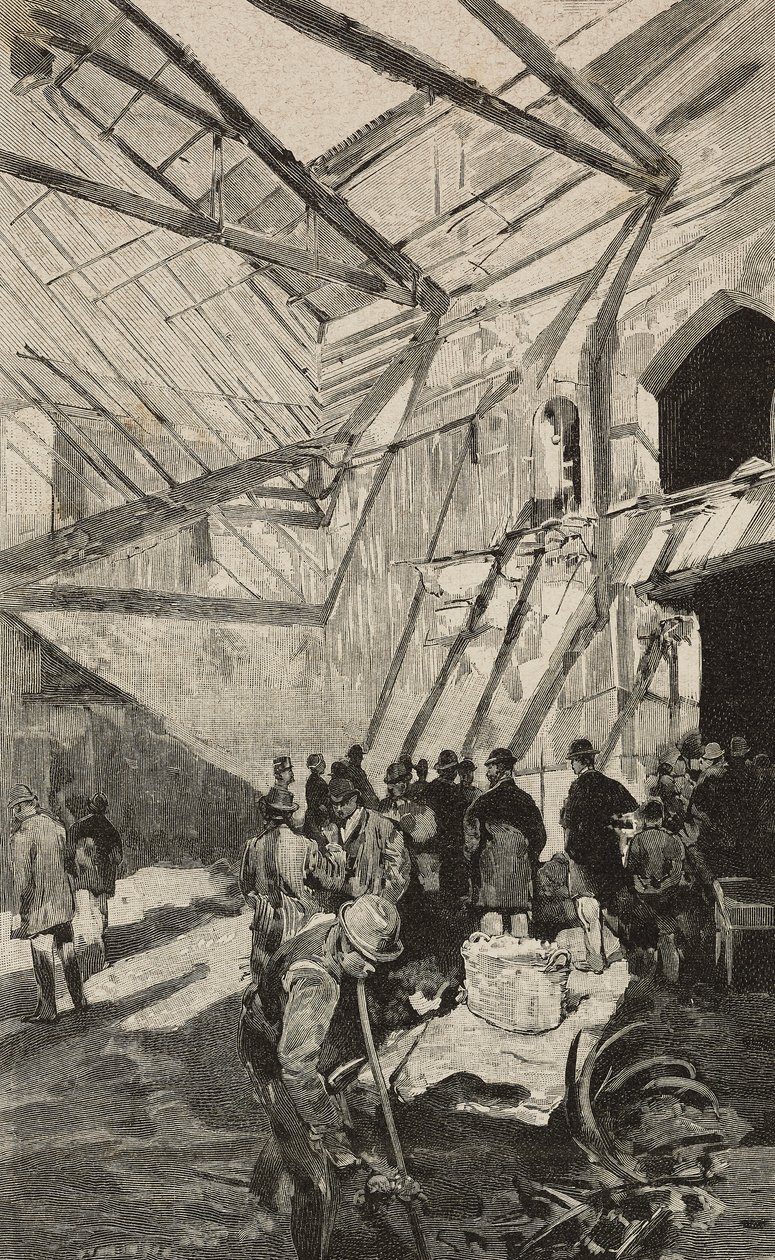 Restos del Teatro Israelita tras el incendio de 1893, Roma, Italia, grabado según dibujo de Dante Paolocci, de L