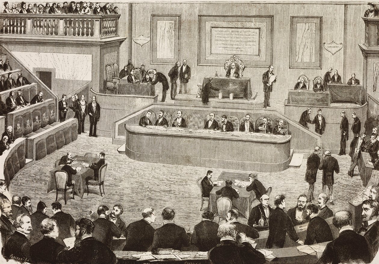 Sesión del 26 de julio del Senado italiano, Roma, Italia, grabado a partir de un dibujo de Dante Paolocci, L