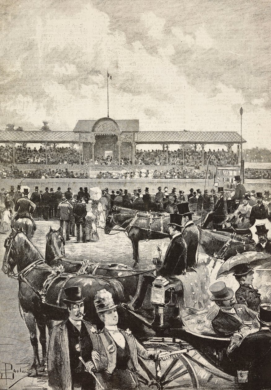 La tribuna, carreras de caballos en Turín, Italia, grabado a partir de un dibujo de Dante Paolocci, de L