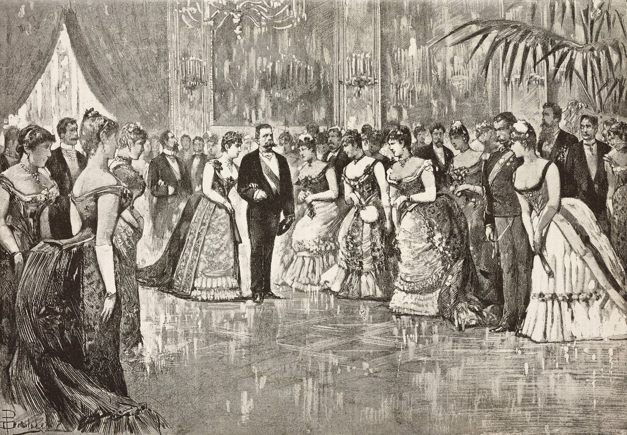 Umberto I (1844-1900), rey de Italia, y su esposa Margarita de Saboya (1851-1926) en un baile en el palacio del Quirinal, Roma, Italia, grabado a partir de un dibujo de Dante Paolocci, de L