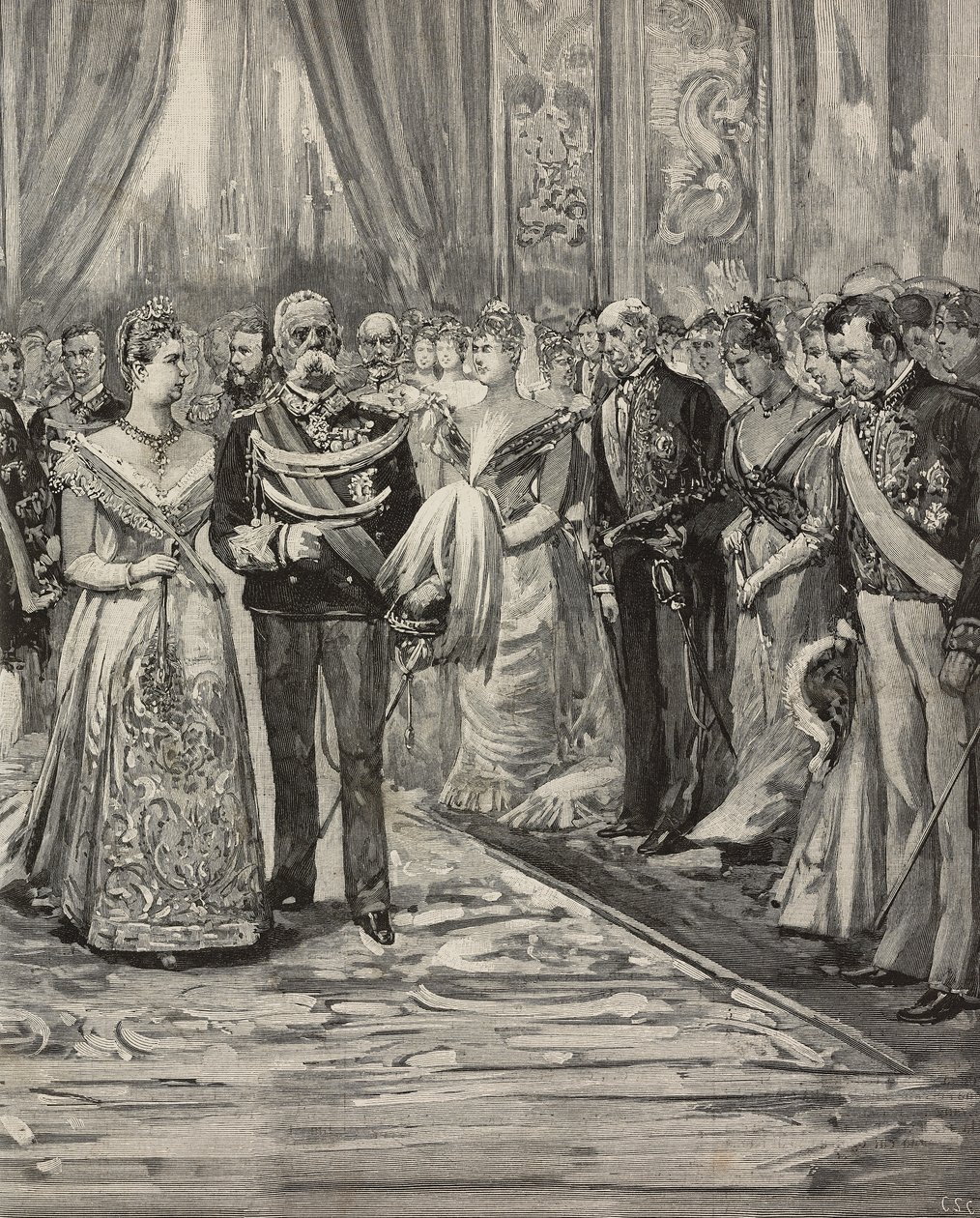 Umberto I y Margarita de Saboya en el concierto con motivo de sus bodas de plata, Palacio del Quirinal, Roma, Italia, grabado según dibujo de Dante Paolocci, de L